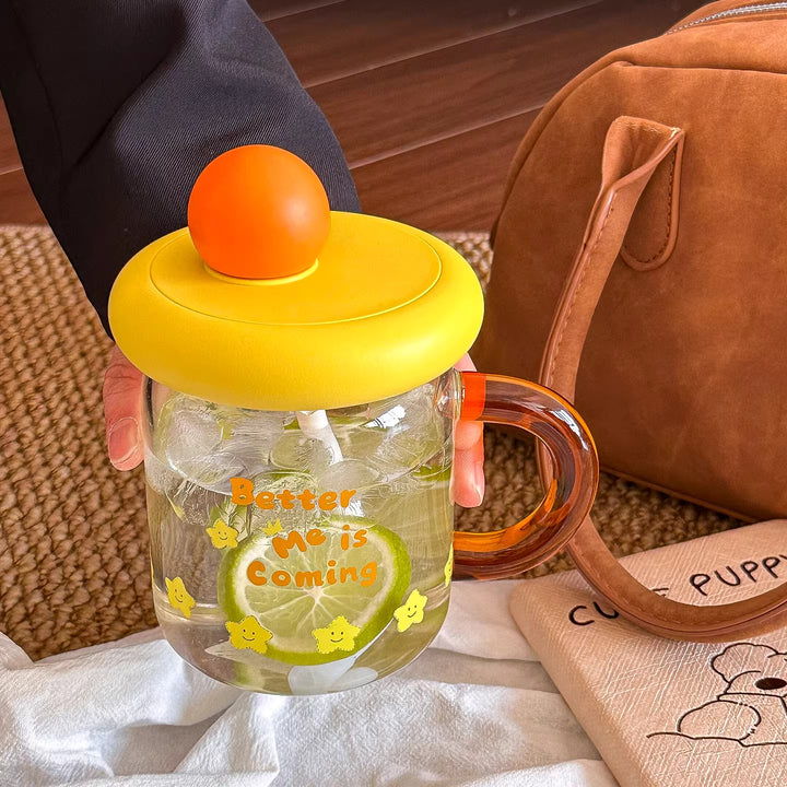 Women's glass drinking cup with silicone lid and integrated straw Bowlift