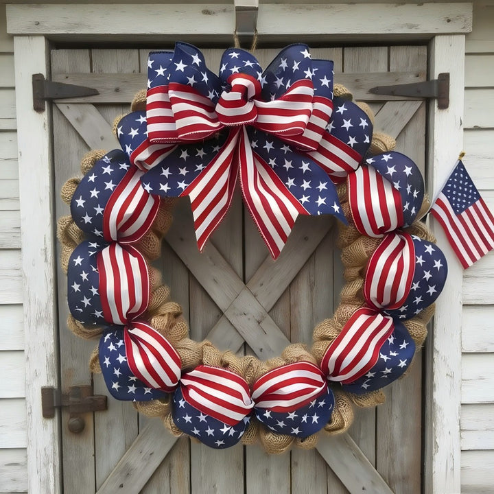 Unisex nan rustic jute door wreath with patriotic star and stripe ribbon and voluminous bow Bowlift
