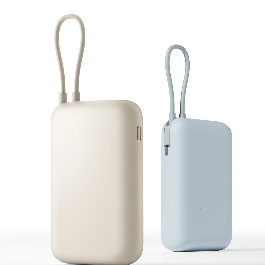 Compact High-capacity portable power bank with integrated USB-C cable and silicone carry loop Bowlift