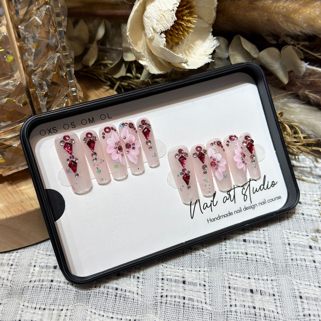 Floral-Themed Press-On Nail Set with Gemstone Accents Bowlift