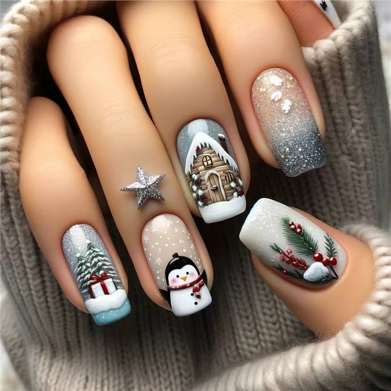 Festive Holiday-Themed Press-On Nail Art Set Bowlift