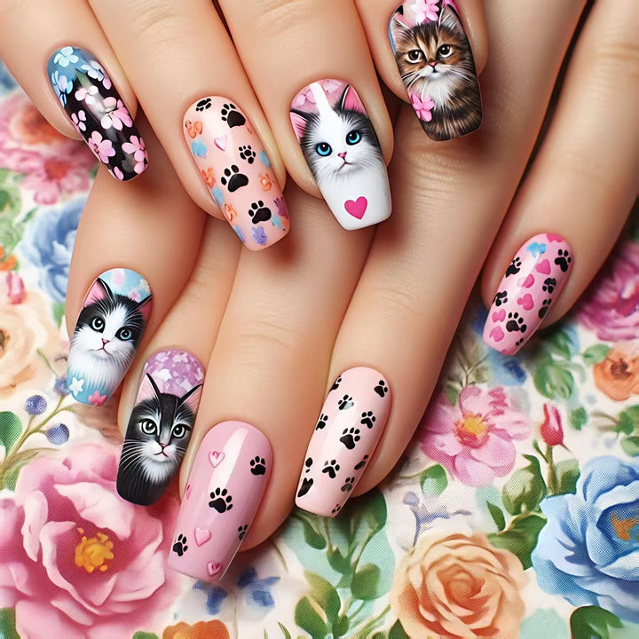 Creative artificial nails with playful cat pattern Bowlift