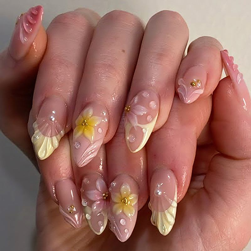 Artistic Floral Design Press-On Nails Set with Unique Embellishments Bowlift