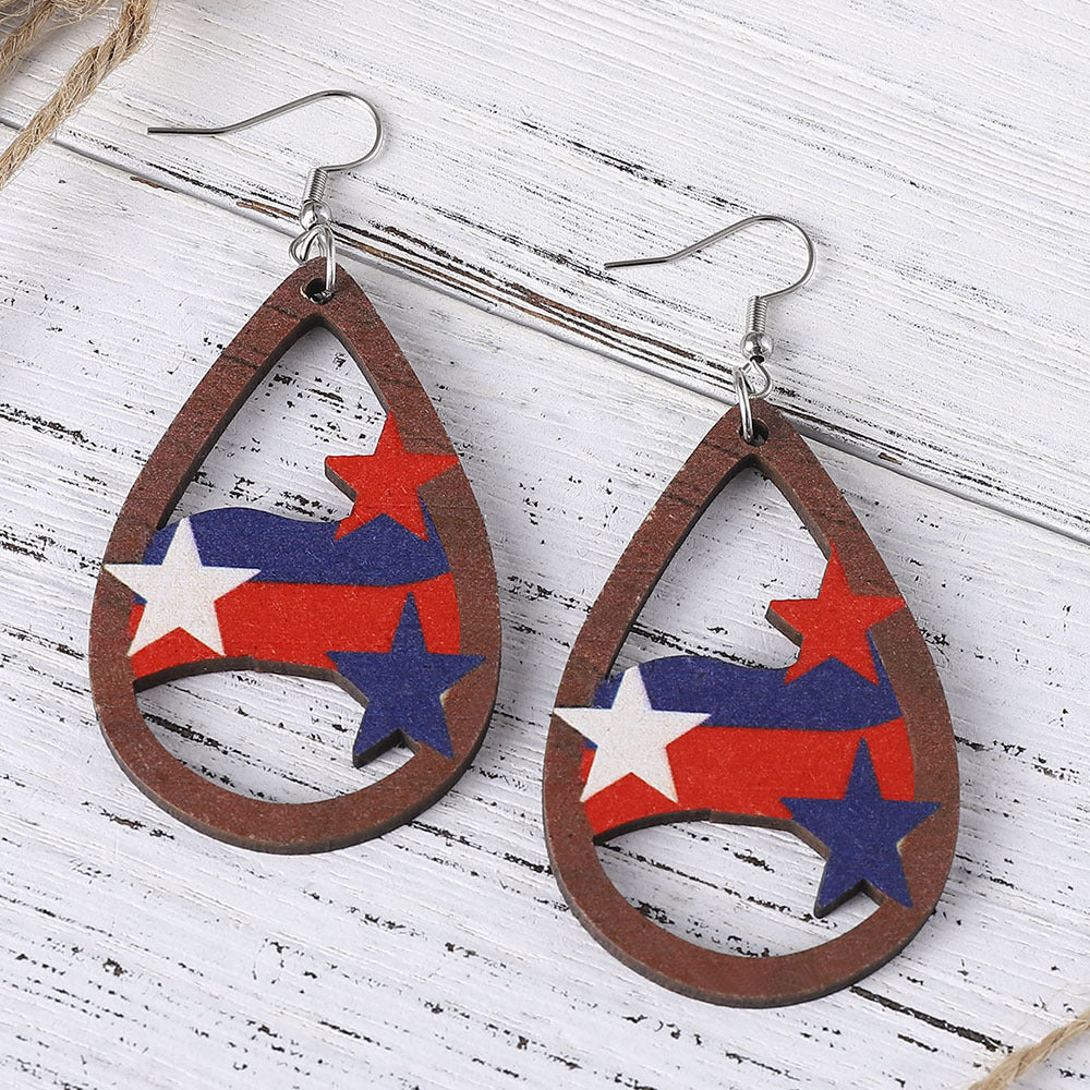 Ladies' nan teardrop-shaped wooden earrings with multi-layer star and stripe appliqué and nickel-free ear hooks Bowlift