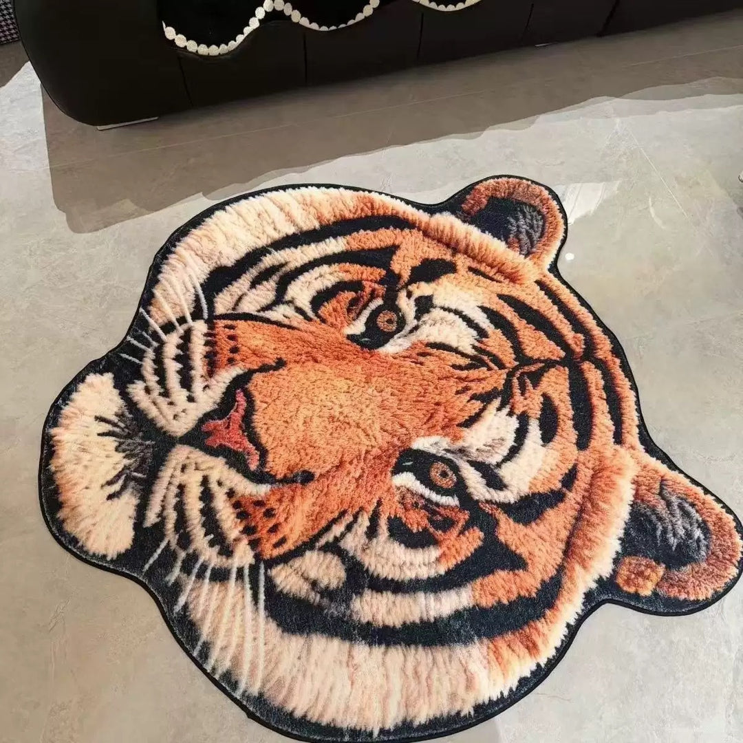 Luxurious faux fur tiger head area rug with non-slip backing Bowlift