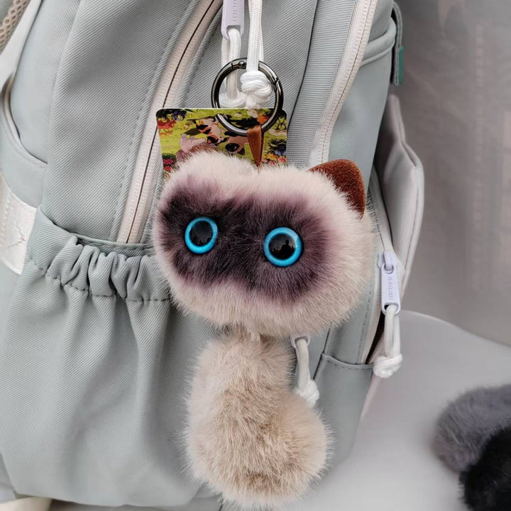 Plush Cat Pom Pom Keychain with Long Faux Fur Tail and Large Expressive Eyes Bowlift