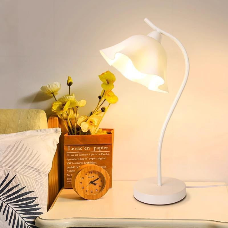 Ruffled Bell-Shade Bedside Table Lamp with Curved Stem Bowlift