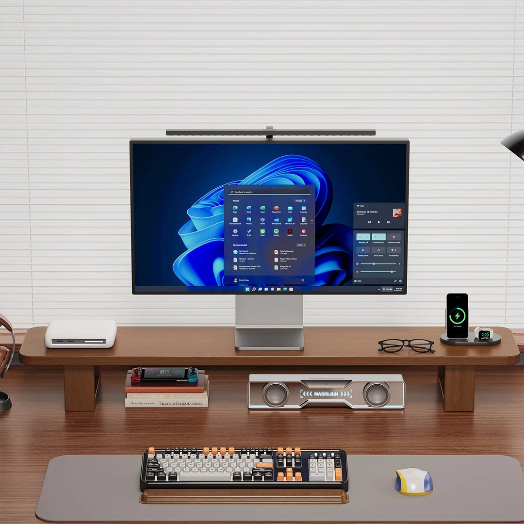 Modern Wooden Monitor Stand with Cable Management Bowlift