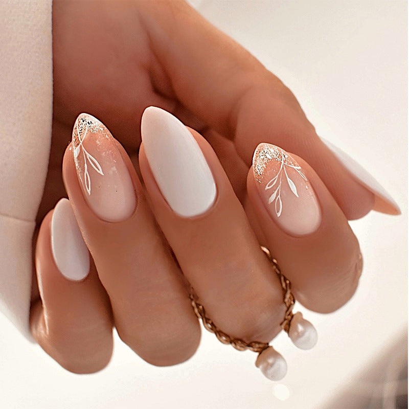 Luxurious Faux Finish Press-On Nail Set with Elegant Floral Design Bowlift