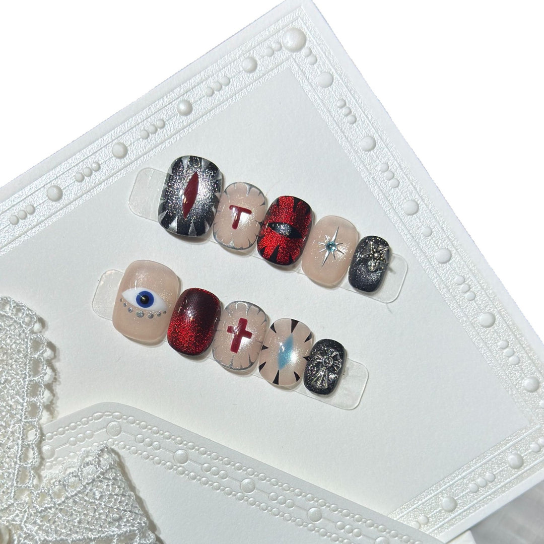 Artistic Press-On Nail Design Set with Unique Symbolic Accents Bowlift