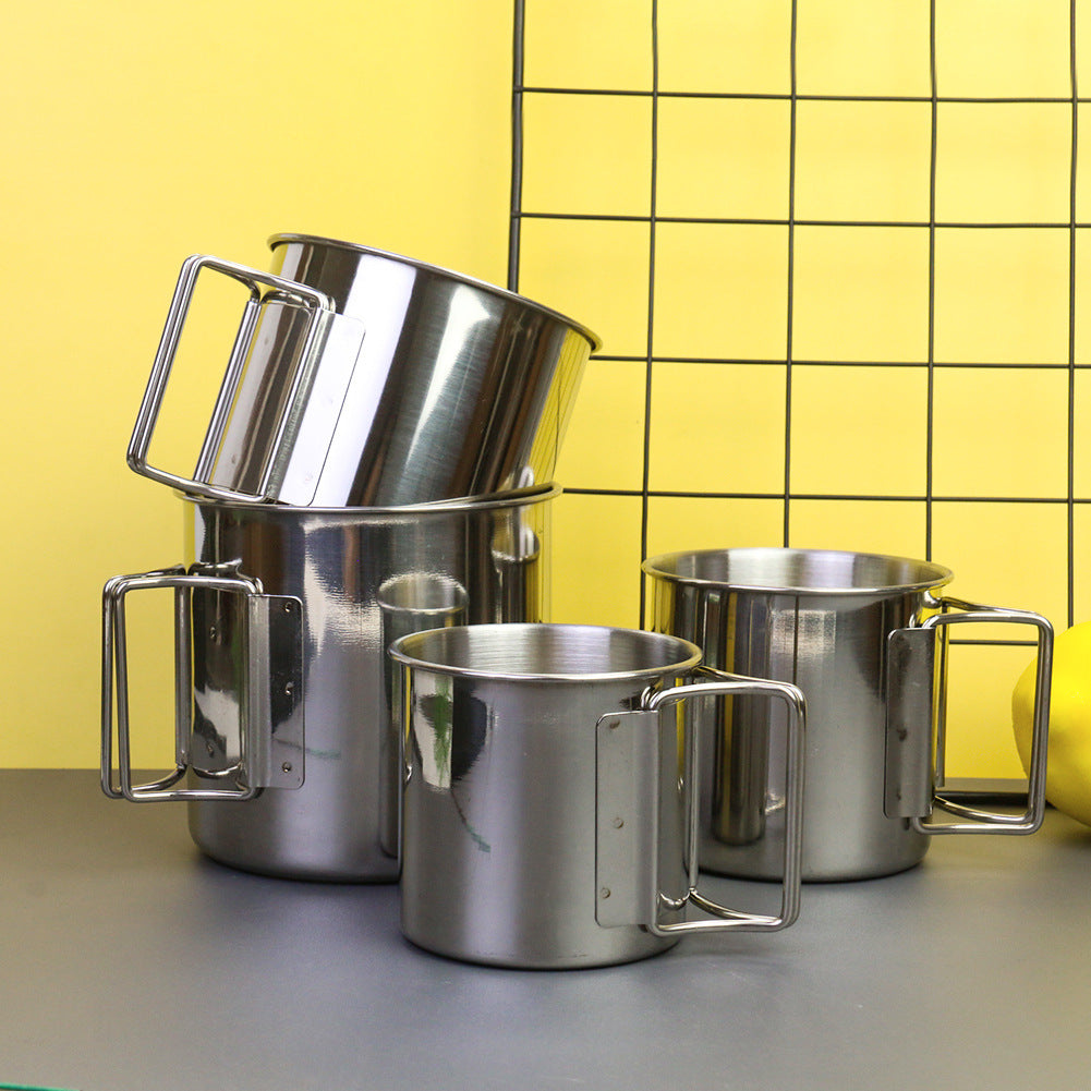 stainless steel nesting camping mug set with fold-flat handles and rolled rims Bowlift