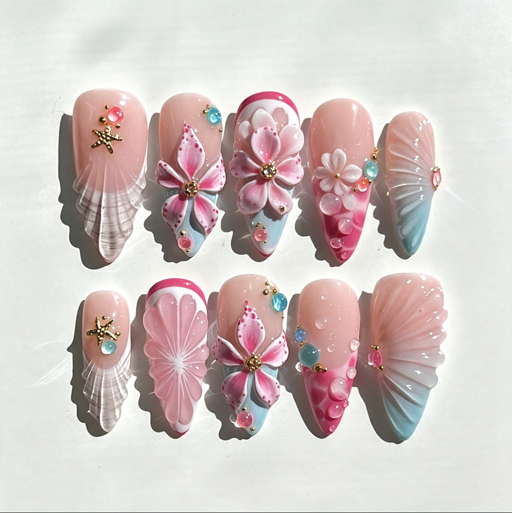 Artistic Floral Press-On Nail Set with 3D Accents Bowlift
