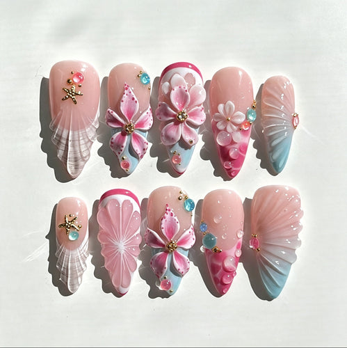 Artistic Floral Press-On Nail Set with 3D Accents Bowlift