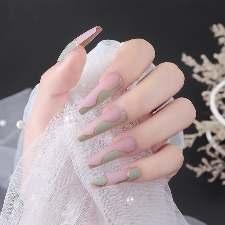 Long Elegant Press-On Nail Set with Wave Design Bowlift
