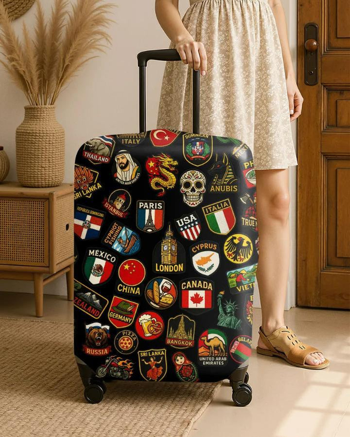Unisex nan hard shell suitcase cover with stretch travel motif print, zipper opening and scratch-resistant protection Bowlift