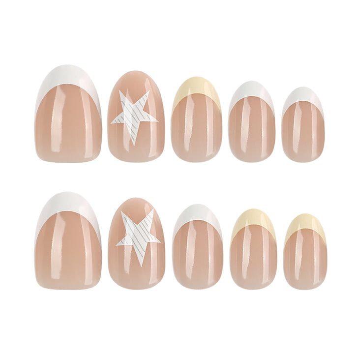 Elegant artificial nails with classic French tip and intricate star design Bowlift