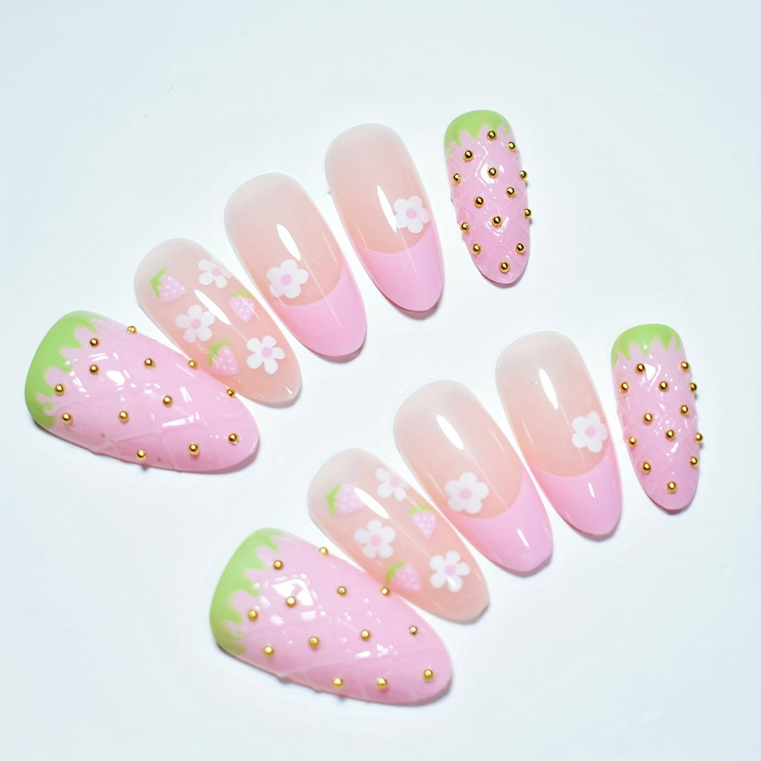 Creative Strawberry-Themed Press-On Nail Art Set Bowlift