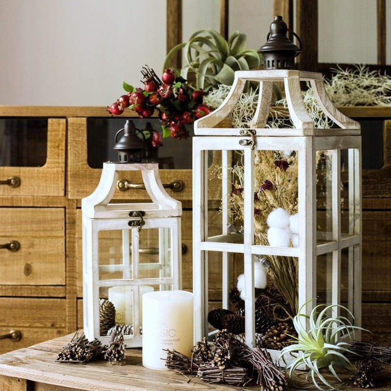 Rustic Windowpane Glass and Wood Candle Lantern with Hinged Door Bowlift
