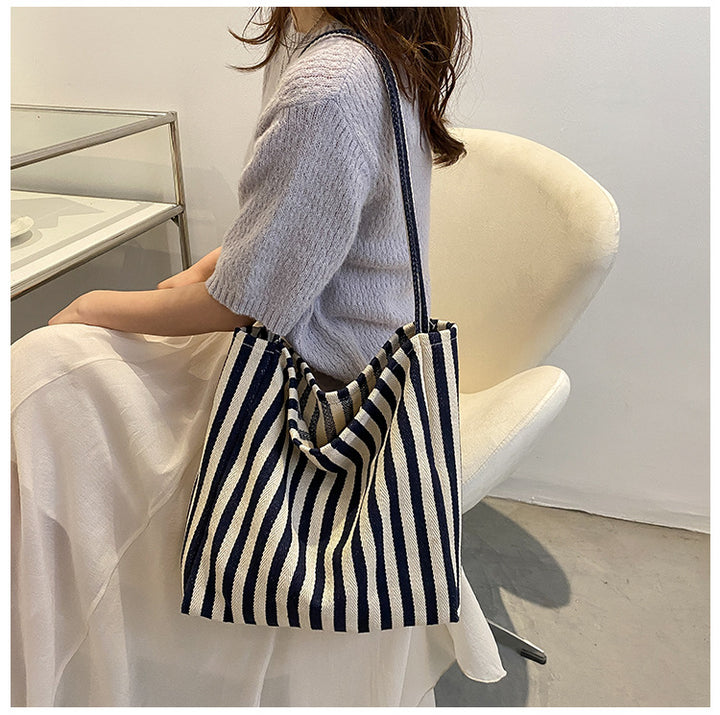 Striped Canvas Shoulder Tote Bag