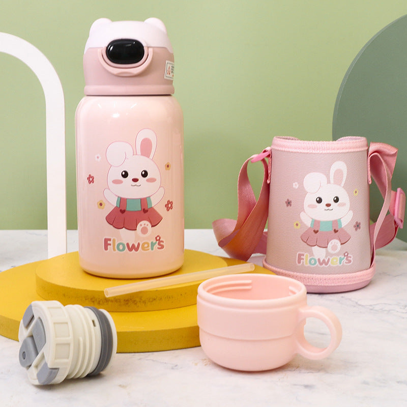 Women's Insulated Water Bottle with Cute Rabbit Design and Practical Carry Strap Bowlift