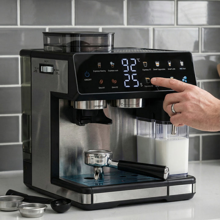 Espresso machine with integrated grinder, automatic temperature control and programmable coffee strengths Bowlift