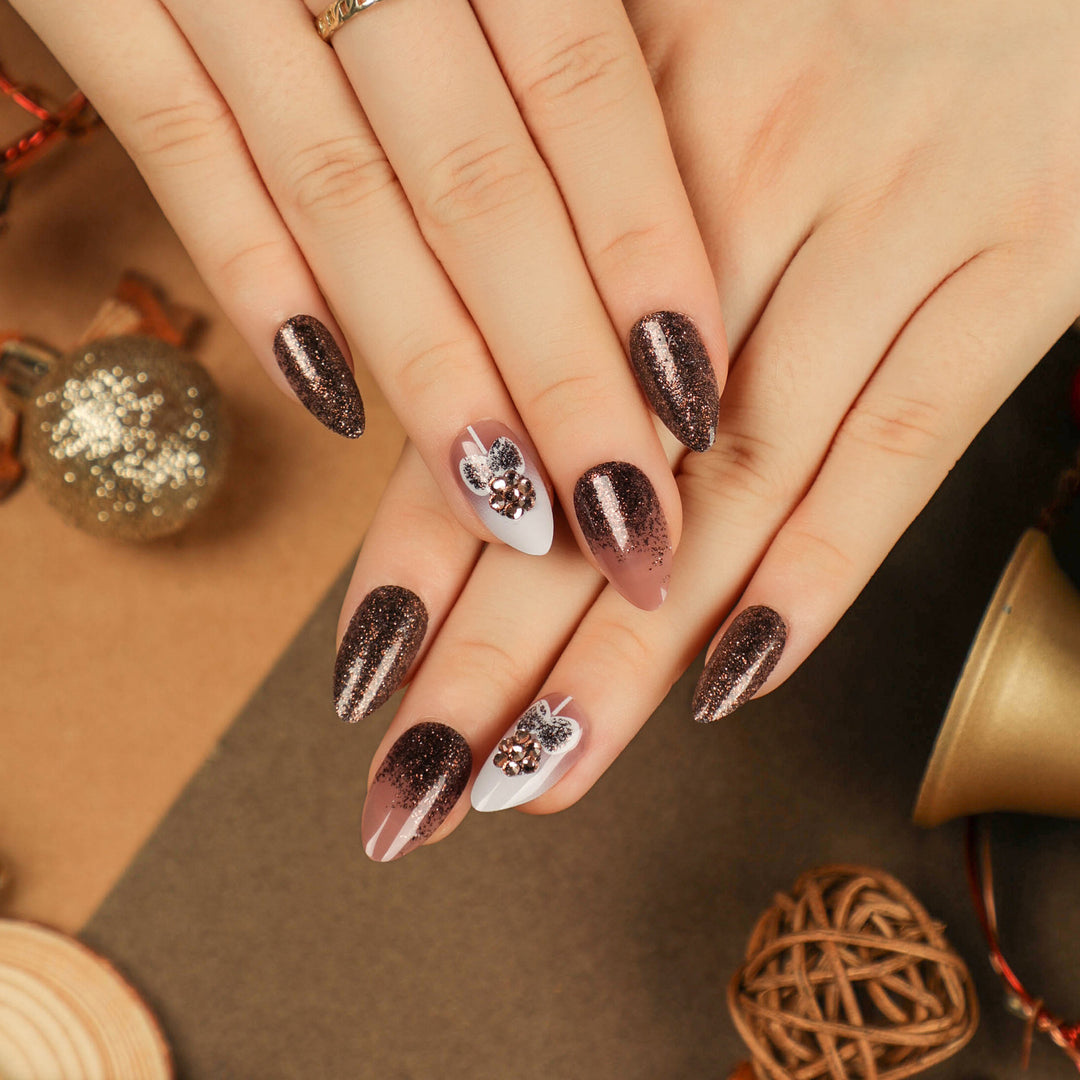 Artful Nail Extensions with Glitter and Heart Motif Bowlift