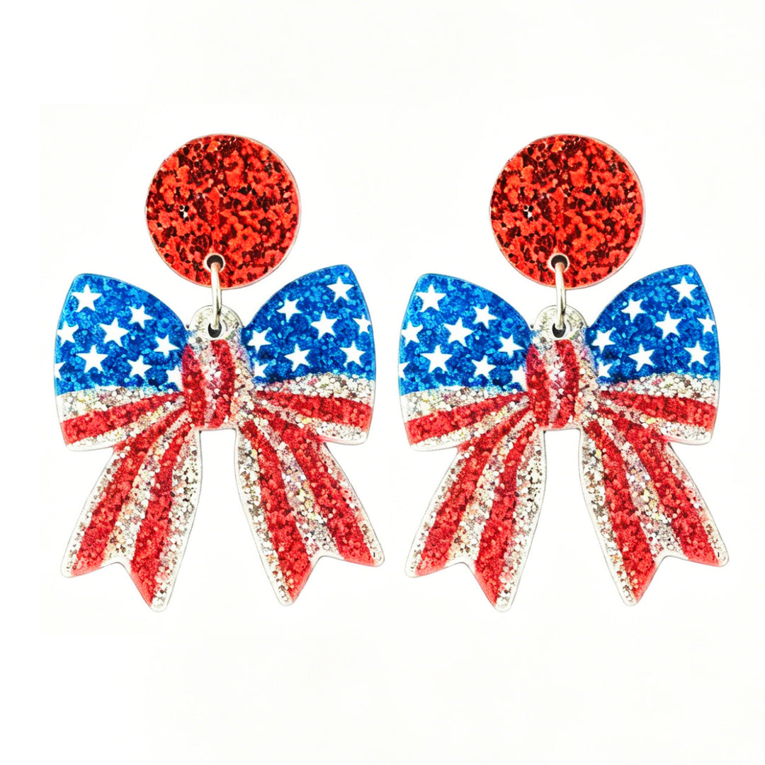 Ladies nan Statement bow earrings made of acrylic with glittering star stripe design and round studs Bowlift