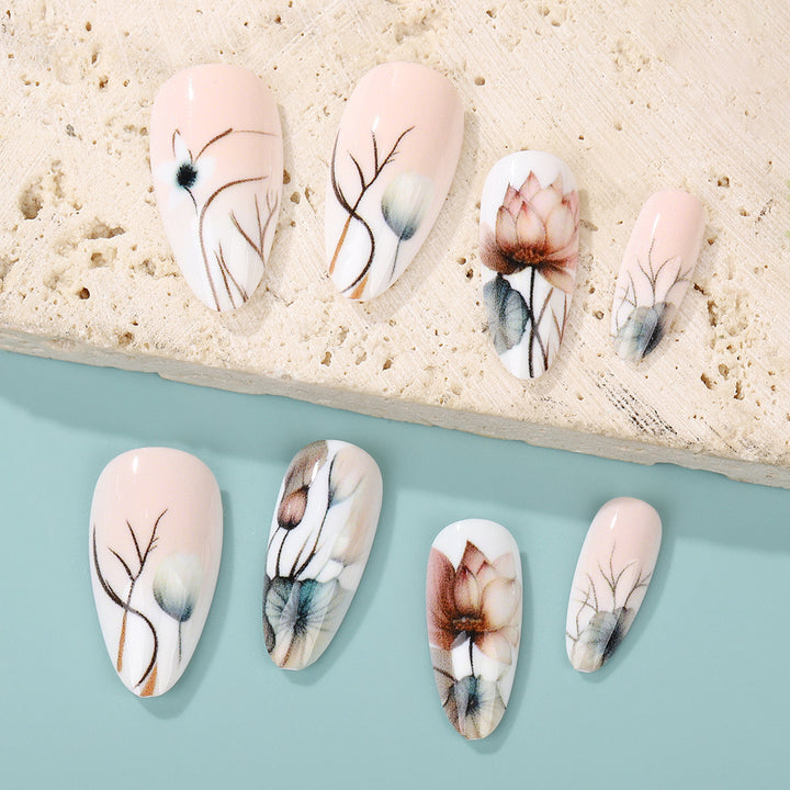 Artificial nail set with floral and artistic motifs Bowlift