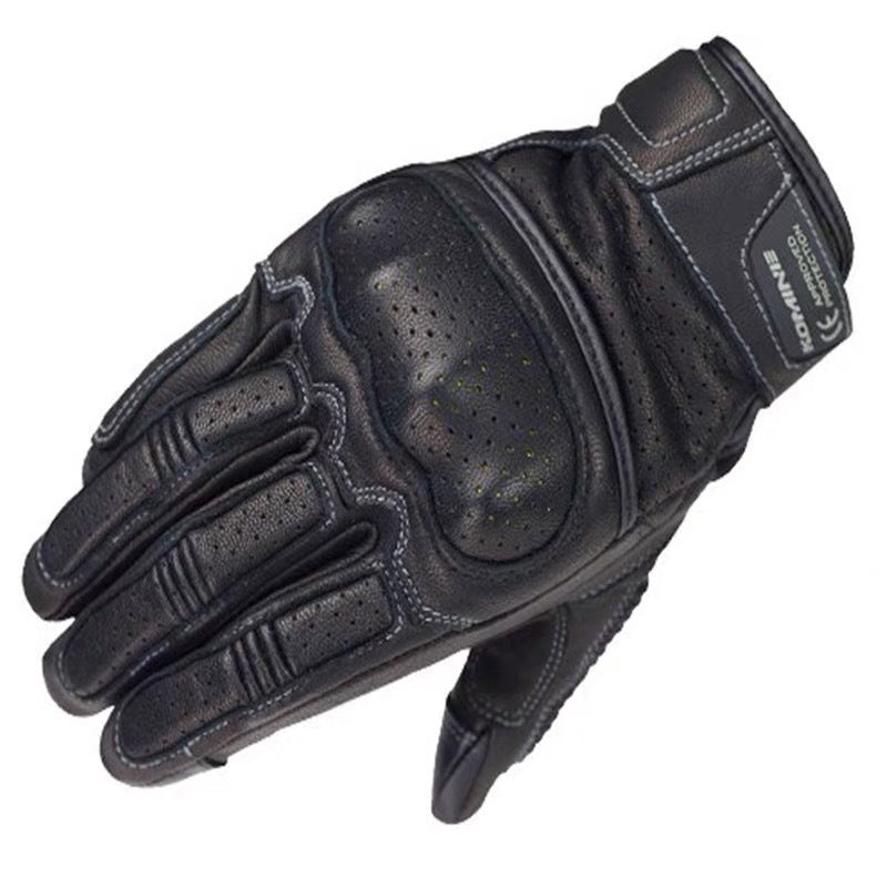 Perforated leather motorcycle gloves with reinforced knuckle armor and touchscreen fingertips Bowlift