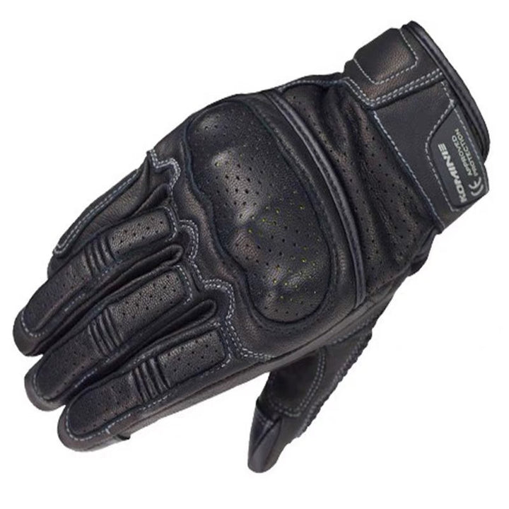 Perforated leather motorcycle gloves with reinforced knuckle armor and touchscreen fingertips Bowlift