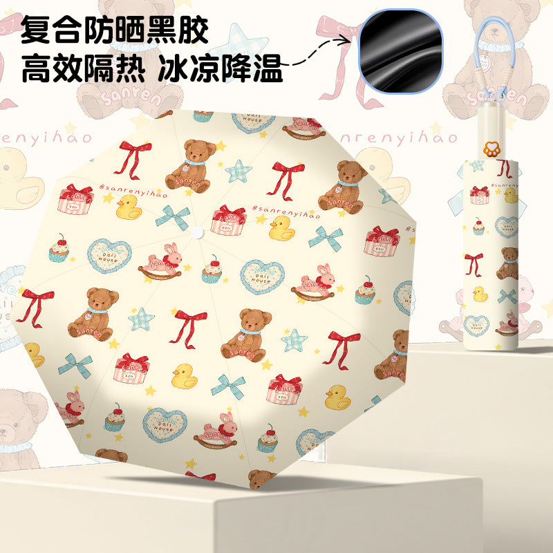 Women's folding umbrella with automatic opening mechanism and playfully themed design Bowlift