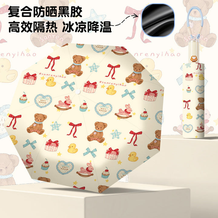 Women's folding umbrella with automatic opening mechanism and playfully themed design Bowlift