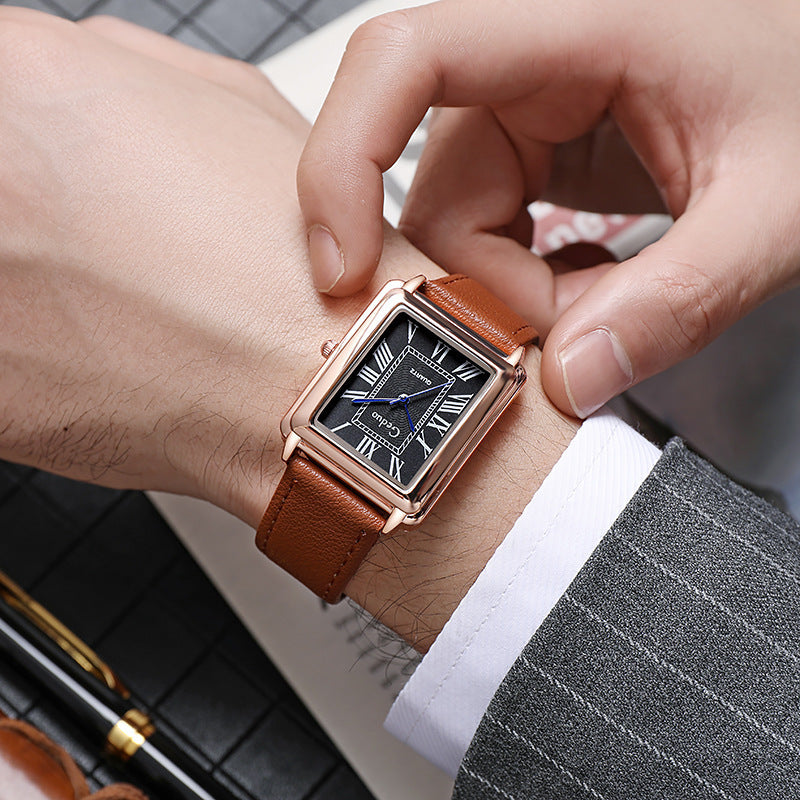 Rectangular Vintage Roman Dial Leather Dress Watch Bowlift