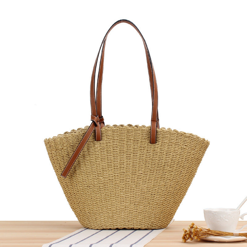 Woven Natural Material Handbag with Elegant Leather Handles Bowlift