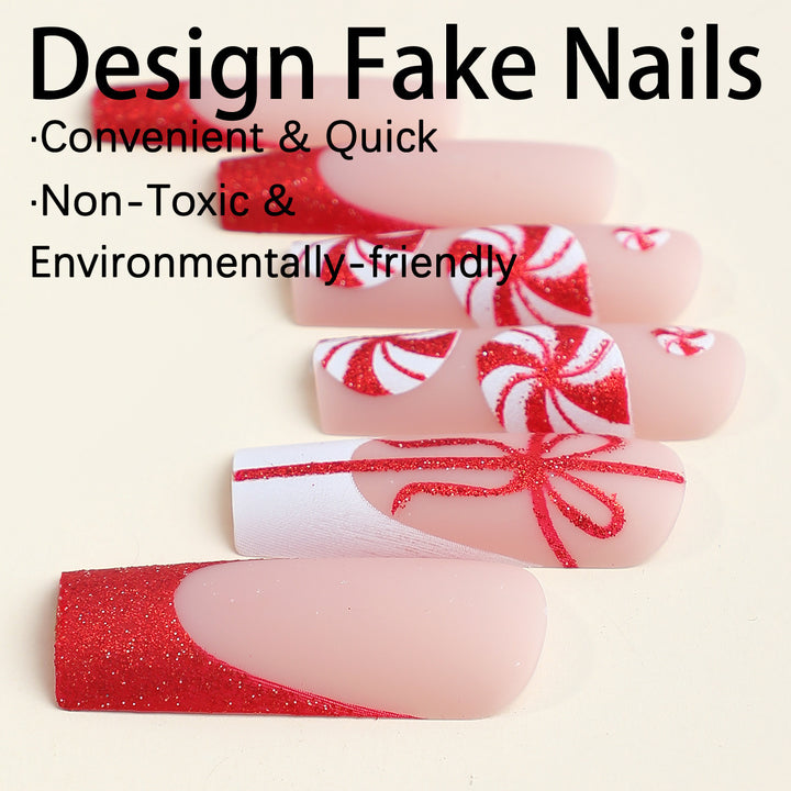 Artificial nail set with festive candy cane design and glitter accents Bowlift