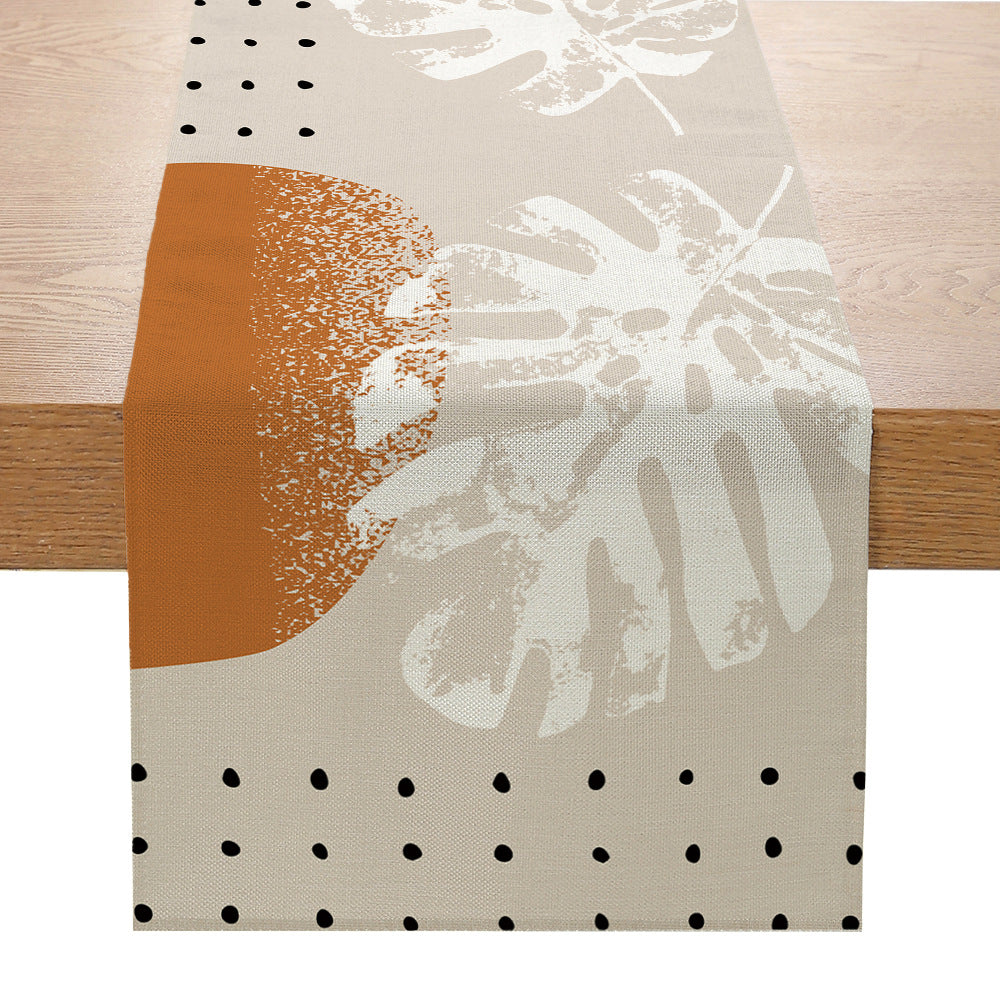 Mid-Century Modern Linen-Texture Decorative Table Runner with Abstract Monstera Print