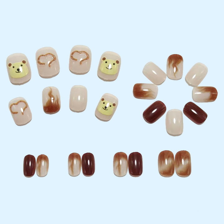 Artificial nails with cute bear design and marbled pattern Bowlift