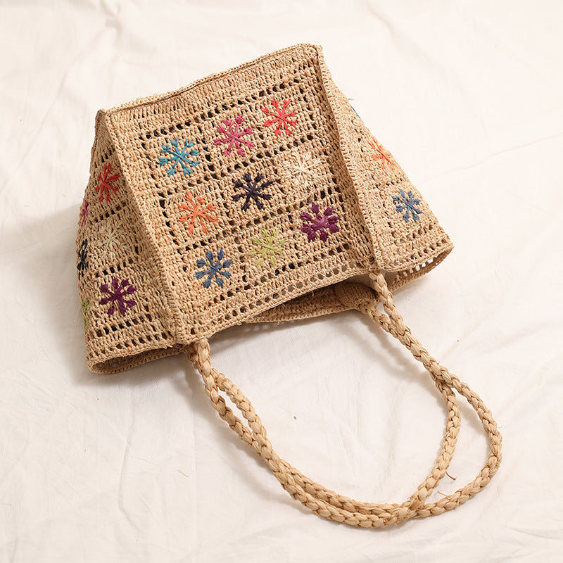 Handcrafted straw bag with colorful embroidery design Bowlift