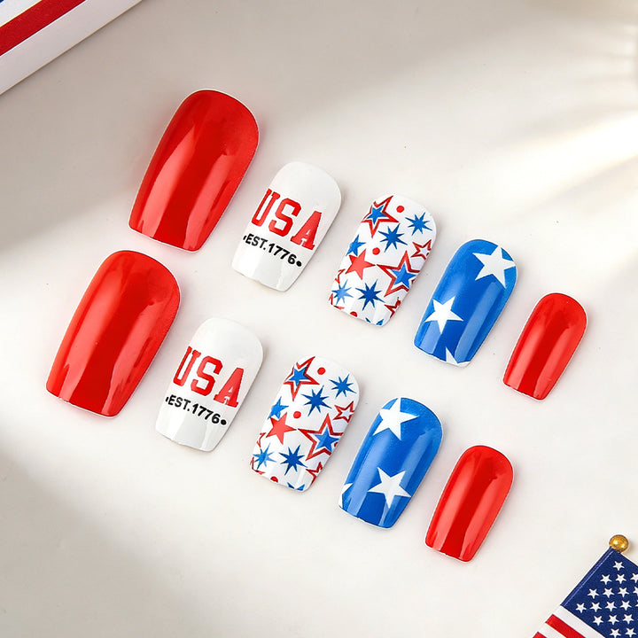 Women's nan patriotic press-on gel nail kit with star decals and USA lettering Bowlift
