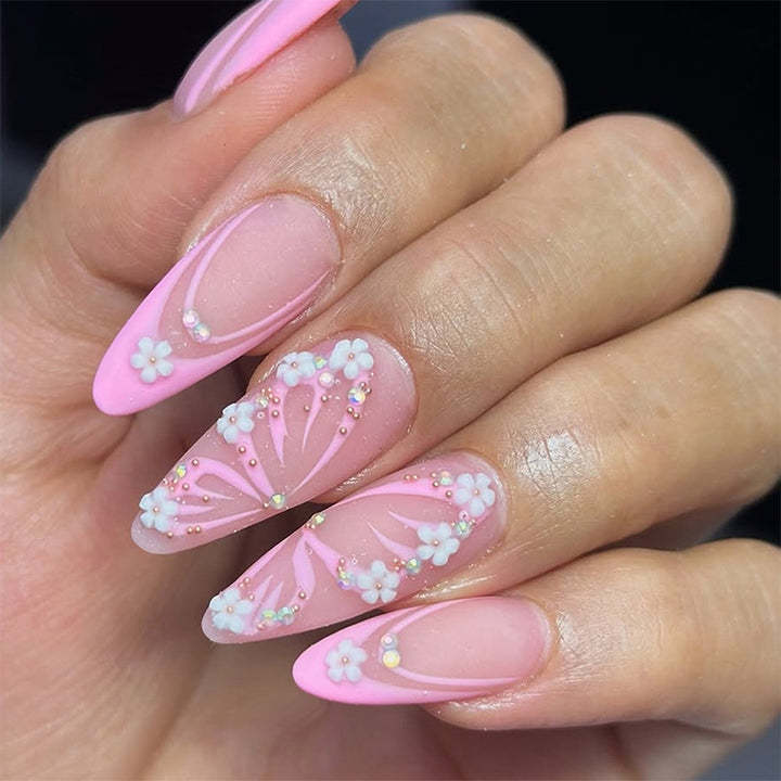 Decorative Press-On Nail Art Set with Gemstone and Floral Accents Bowlift