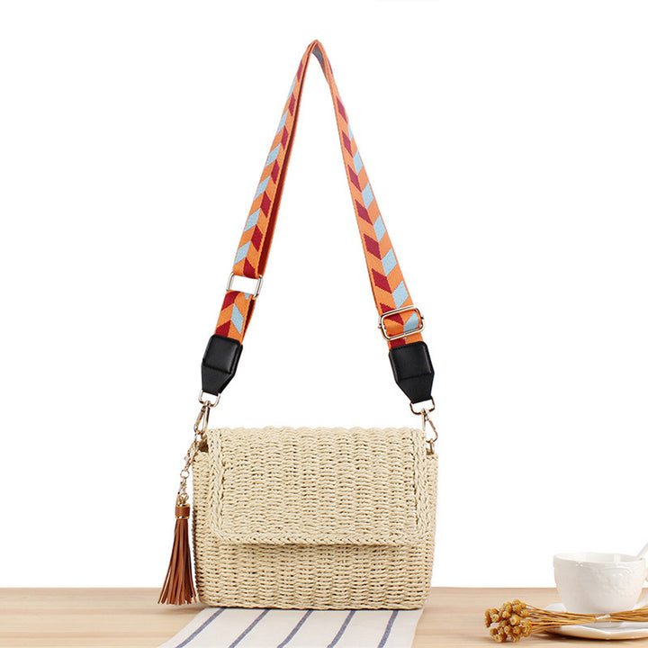 Woven Raffia Shoulder Bag with Decorative Shoulder Strap Bowlift