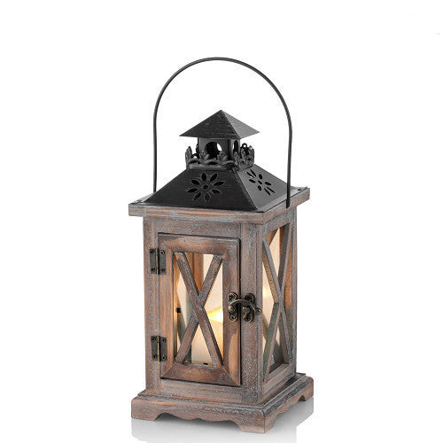 Rustic Distressed Wood Glass-Paneled Decorative Candle Lantern with Metal Top and Carry Handle Bowlift