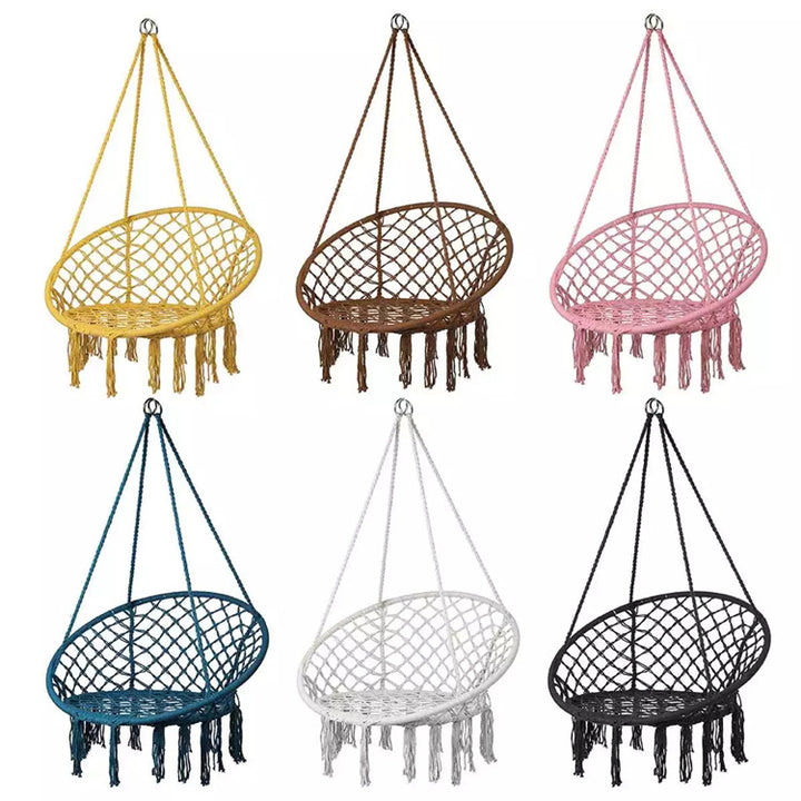 Macrame hanging chair with complete ceiling mounting kit and decorative tassel fringe Bowlift