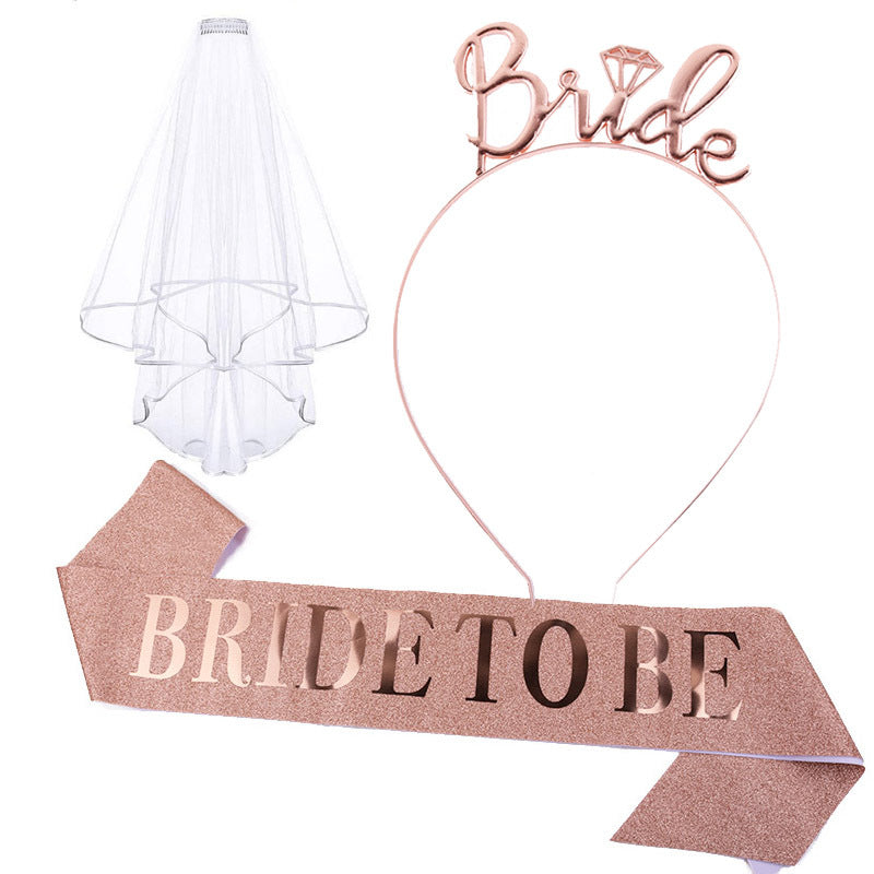Women's bridal accessories set with shimmering veil and personalized sash Bowlift