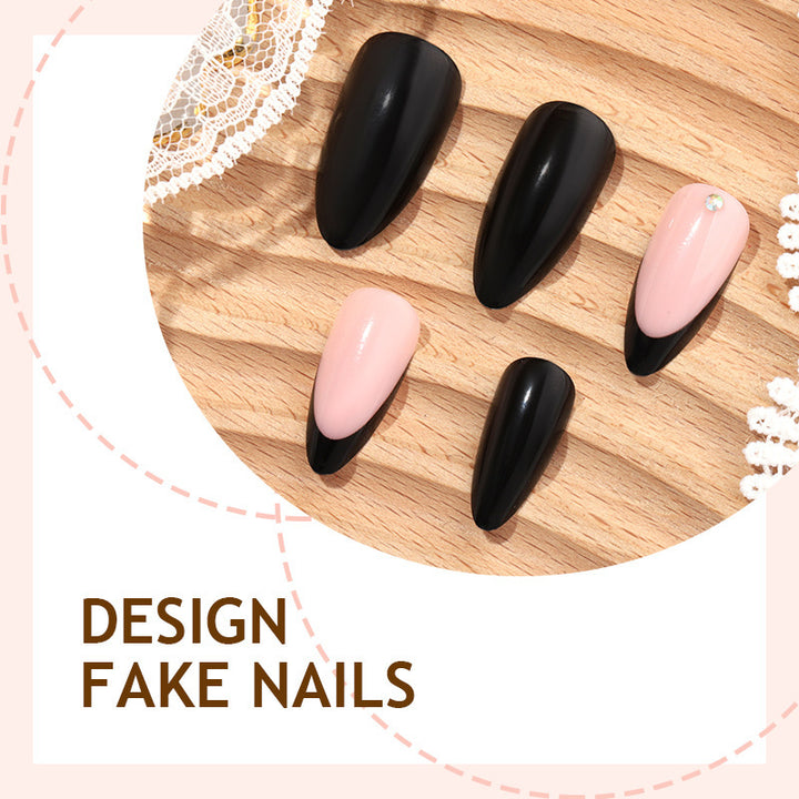 Acrylic nail set with elegant black-pink design and rhinestone-embellished accents Bowlift