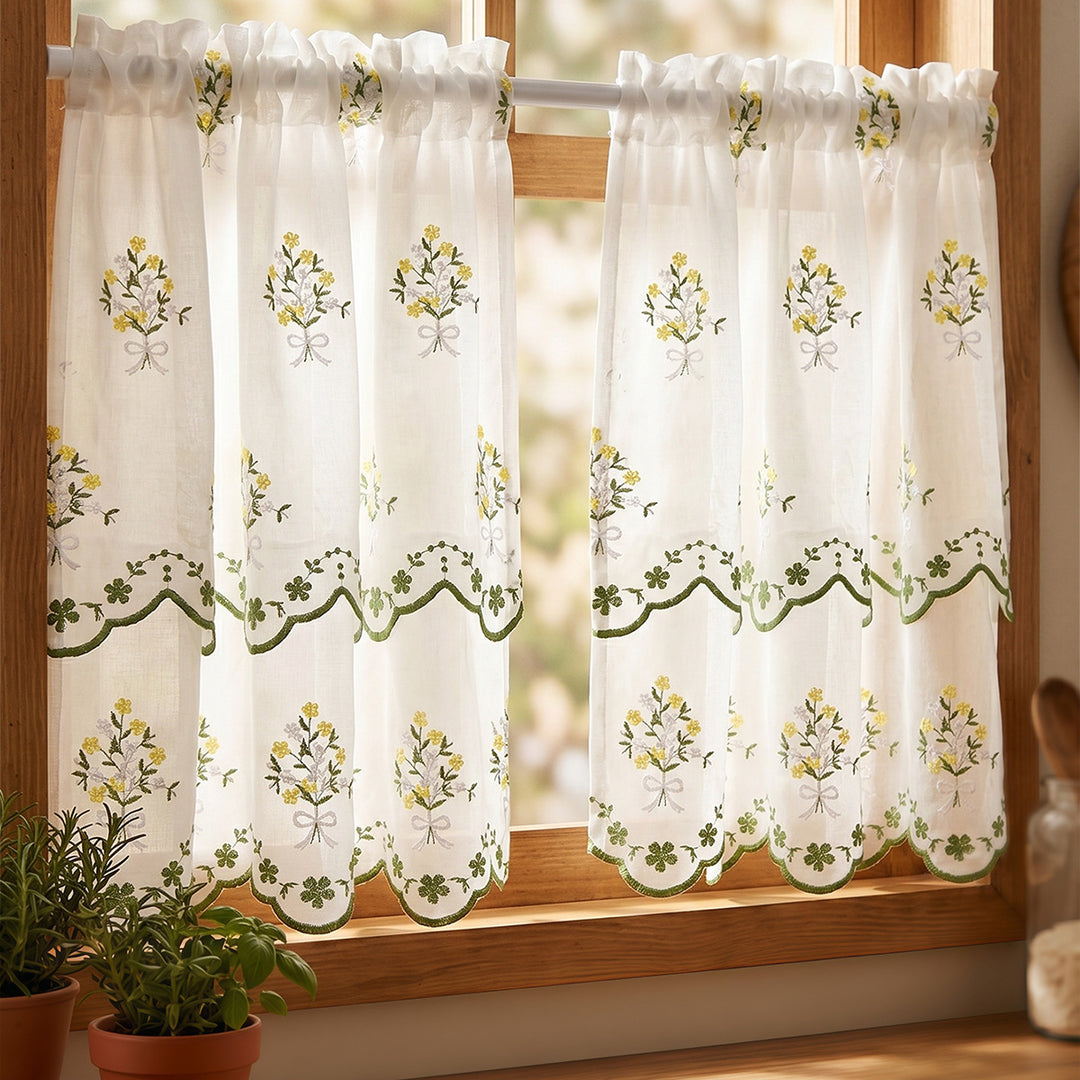 Floral Embroidered Kitchen Window Curtain
