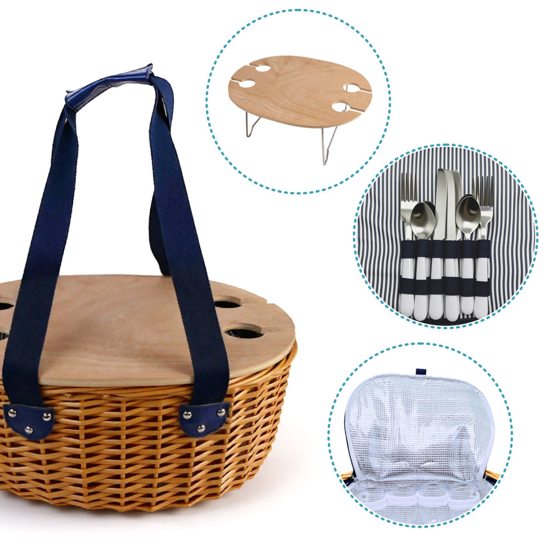 Ladies picnic basket with integrated cooling system and extensive dish set Bowlift