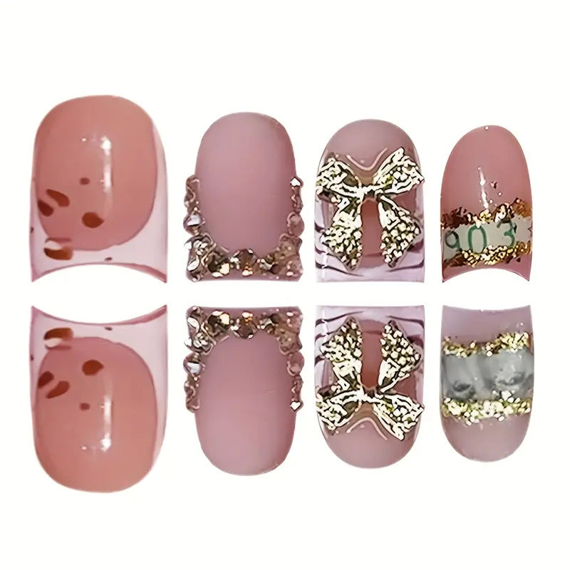 Decorative Gold-Accented Press-On Nail Art Bowlift