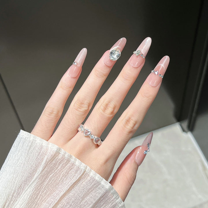 Artistic Crystal-Embellished Press-On Nail Design Bowlift