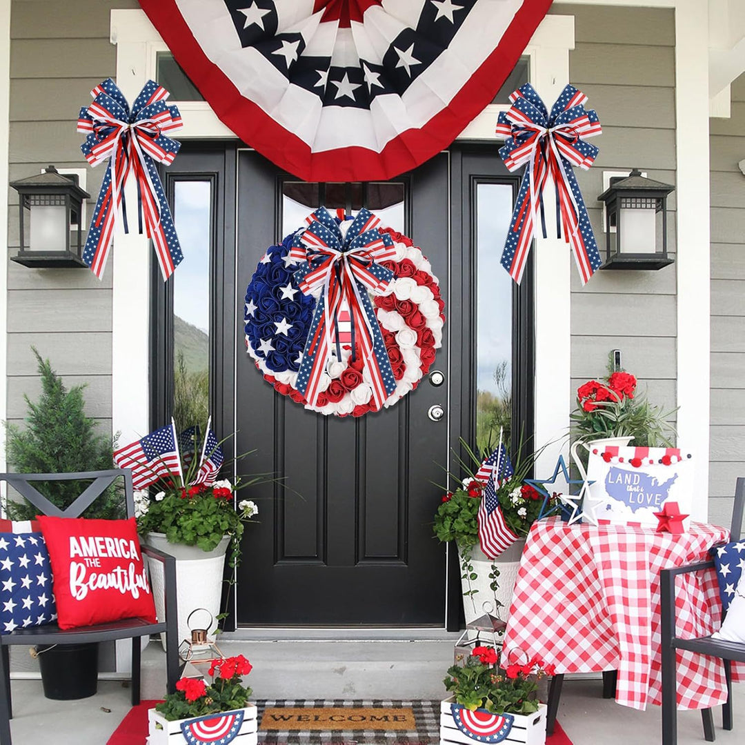 Unisex nan patriotic star striped decorative wreath bow with long tails Bowlift